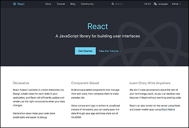 A screenshot of the homepage of React is shown.