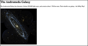 The web browser window shows an image of the Andromeda galaxy in the universe, the image is left-aligned. The text "The Andromeda Galaxy has diameter of about 220,000 light years, and contains about 1 Trillion stars. That's double our galaxy - the Milky Way!" is displayed on the top of the image.