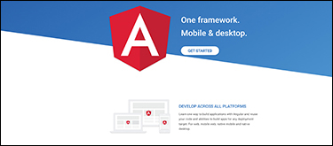 The screenshot of the webpage of Angular displays the logo of Angular at the top. A get started button is provided beside the logo. The tagline of the logo reads, 'One framework. Mobile and desktop'.