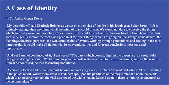 The screenshot shows a page in the browser window having a width of 600 pixels or more. The page seems to be horizontally elongated and the background color is blue. The font color is white for both the header and the content.