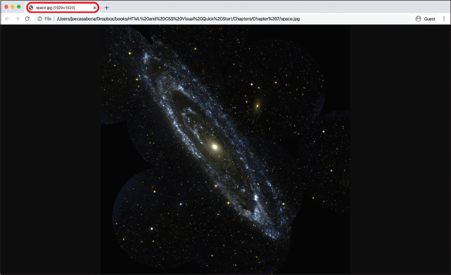 The web browser window shows the image of the Andromeda galaxy. The filename of the image space.jpg at the address bar of the browser is highlighted.