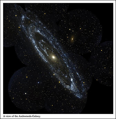 The browser window shows the photograph of the Andromeda galaxy with the caption "A view of the Andromeda galaxy."
