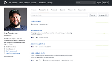 A screenshot shows the Github profile of Joe Casabona.