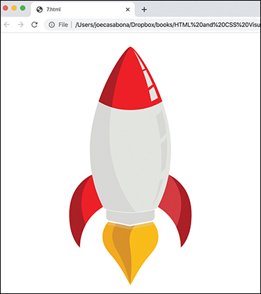 The browser window shows an example of Scalable Vector Graphics (SVG). The file 7.html displays an image of a rocket on the browser.