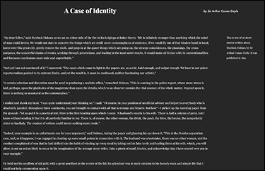 The browser window shows the webpage of a book titled "A Case of Identity," printed by implementing dark mode. The background is dark, and the text is white.