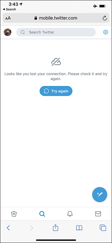 A screenshot of mobile.twitter.com while the internet is not connected.