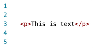 A figure shows an example of HTML tags to tag a text as a paragraph. The line numbers from 1 to 5 are listed vertically on the left. In the third line, opening paragraph tag, content, and closing paragraph tag (with a forward slash) are displayed, which reads <p>This is text</p>.