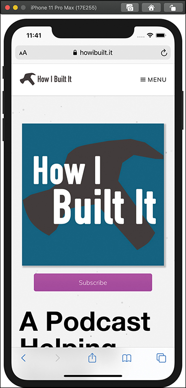 The Xcode simulator output on iPhone 11 Pro max mobile is shown. It displays the webpage of how I built it with the description and other menu options. The partial view of the page is displayed.