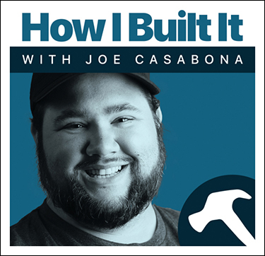 The browser shows an image of Joe Casabona with the title "How I Built It" with a transition effect on the hover state. The size of the image and the text appear larger than the image before the transition.