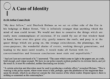 An image shows a page titled, "A Case of Identity." The page is filled with a semi-transparent grey background. The text in both bold and normal font is readable.