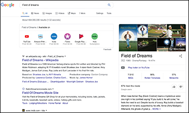 The Google search results page of the movie Field of Dreams.