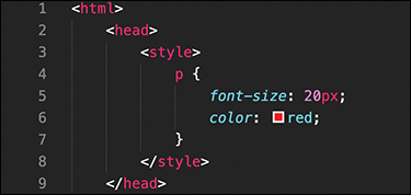 The screenshot shows an example of an internal style sheet. The CSS style is added to the HTML code. The font size is set at 20 pixels, and the color is set as red.