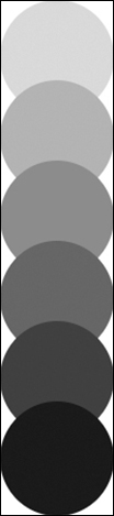 The output of a bouncing ball designed using the transform and translate properties in CSS is shown. The bounce effect is represented by six vertically overlapped balls where the opacity of the balls change as the balls bounce from top to bottom.