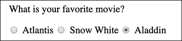 A screenshot presents the question "What is your favorite movie" and three options are listed below the question in a row. A set of three radio buttons are displayed against each option. The radio button against the last option "Aladdin" is selected.