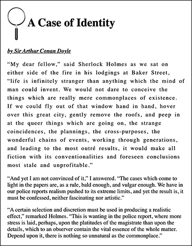 A screenshot shows the usage of the wrapper class in a fixed-width container. Three paragraphs on the Case of identity are presented within the border. Here, all the contents are aligned to the left of the window.