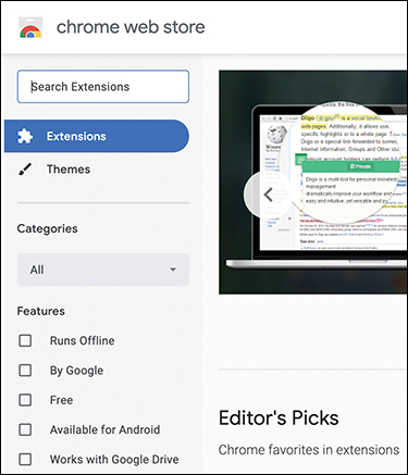 The chrome web store of the chrome browser is displayed. A search box is presented at the top left for searching extensions. On the left, the extensions (selected) and themes are displayed. The categories and other few features are also displayed.