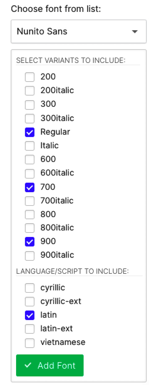 Figure 3.12 – Adding the Nunito Sans font weights 