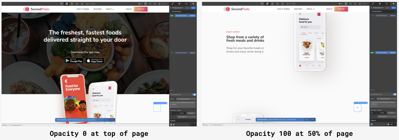 Figure 8.17 – Hiding and displaying the Floating Button element at different sections of the page 
