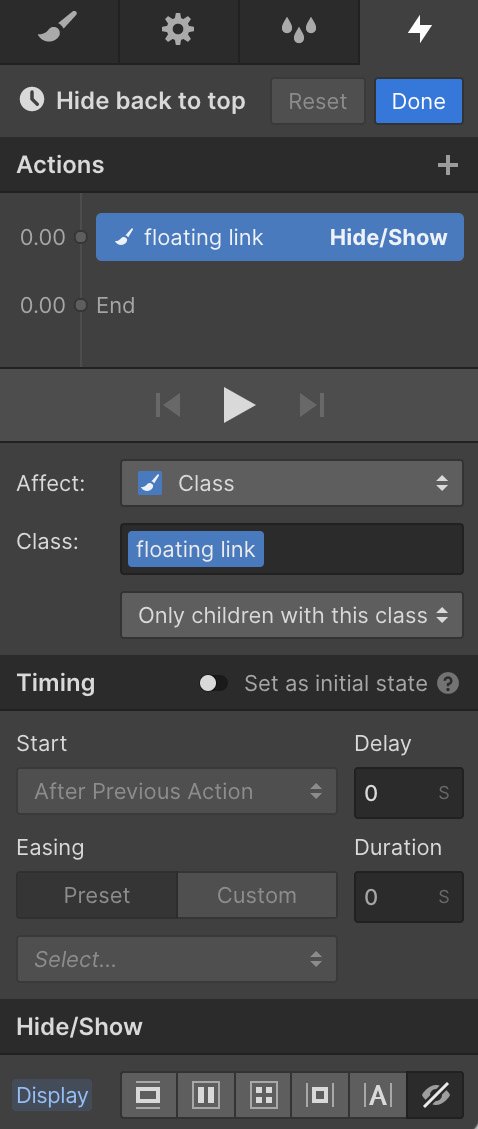 Figure 8.20 – The properties of the Hide back to top interaction 