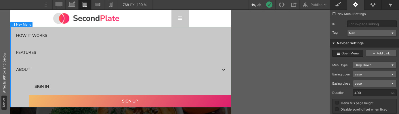 Figure 4.35 – The tablet navigation menu 