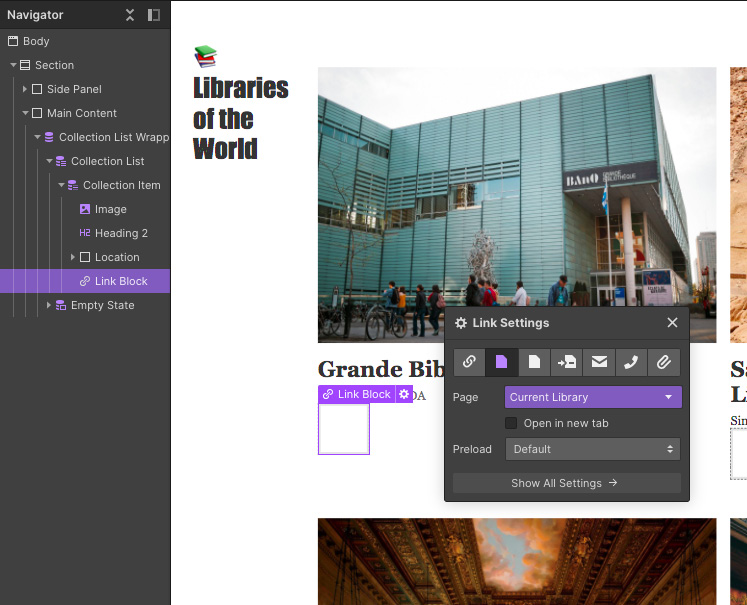 Figure 11.25 – Binding the Link Block element to the current Library item 