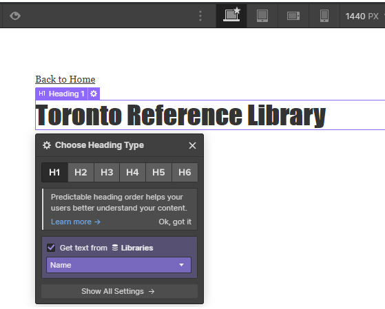Figure 11.5 – Binding the H1 text to the Libraries' Name field 