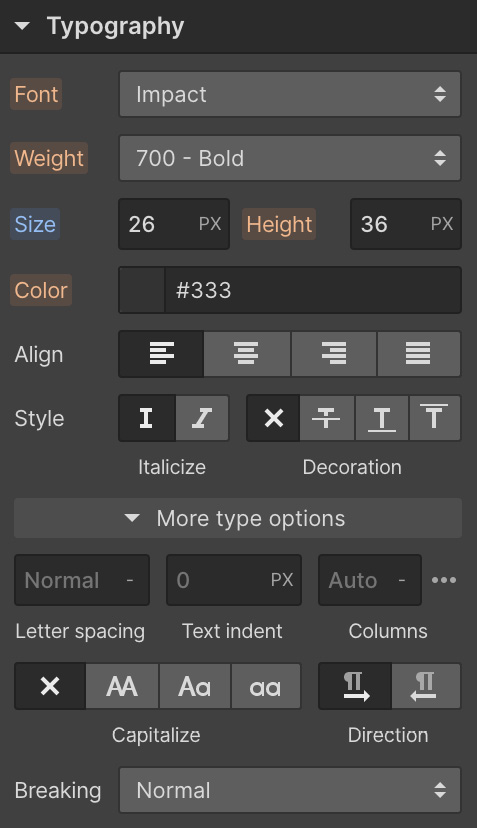 Figure 10.16 – The Typography settings for the Country field 