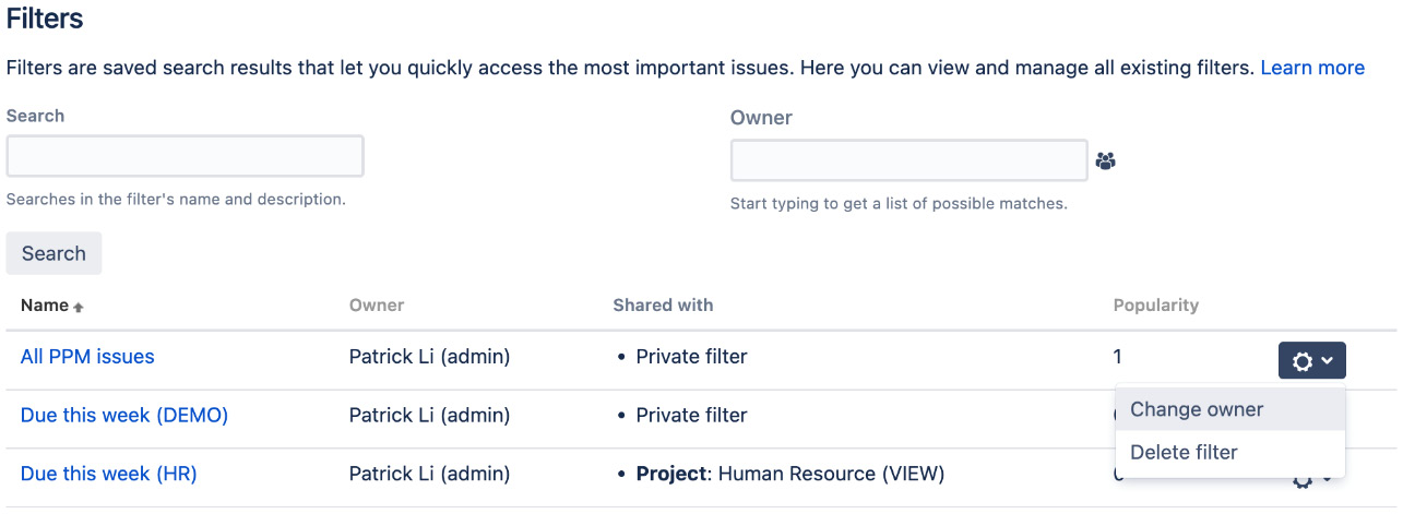 Figure 10.10 – Changing filter ownership 