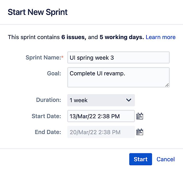 Figure 3.5 – Starting a new sprint 