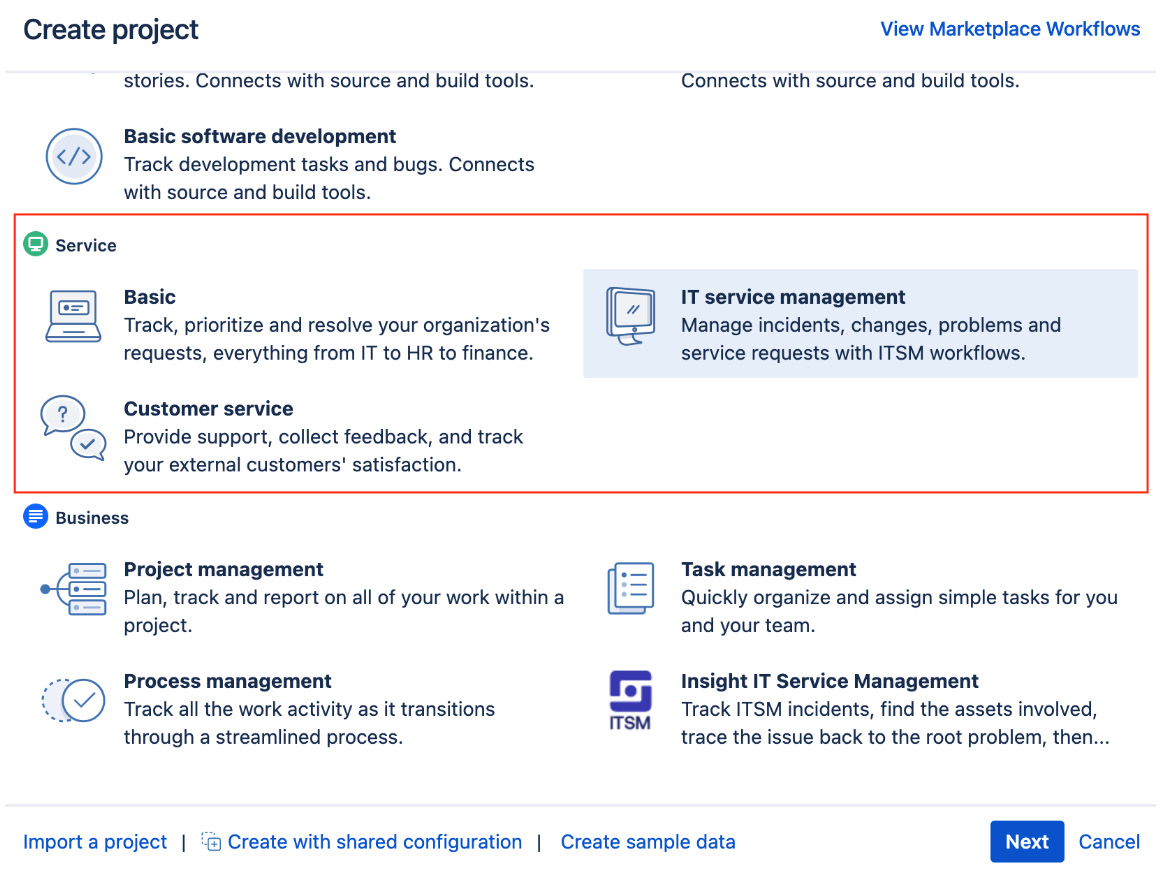 Figure 11.5 – Creating a service desk project 