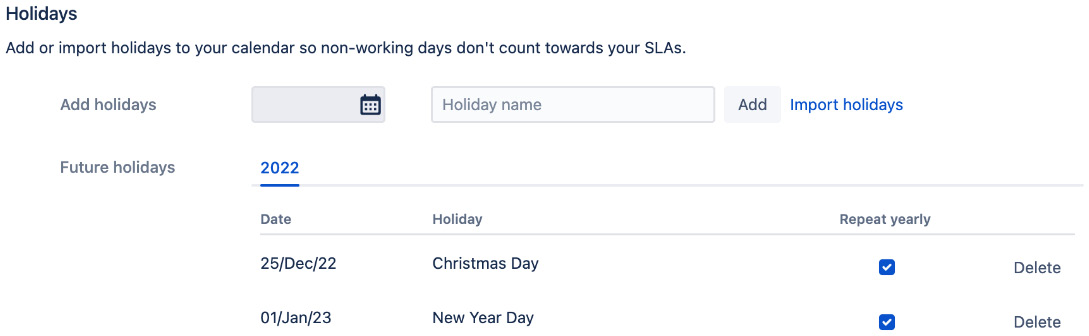 Figure 11.22 – SLA calendar holidays 