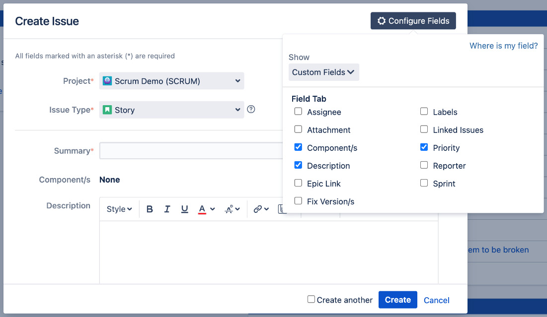 Figure 4.3 – Create Issue dialog 