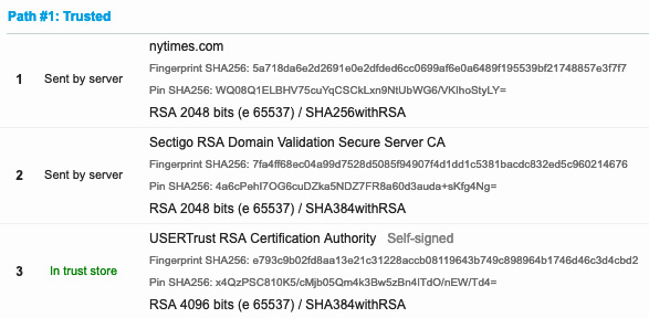 Figure 6.2 – The certification path (one of the two) for the certificate for nytimes.com, as analyzed with Qualys SSL Labs (https://ssllabs.com/) 
