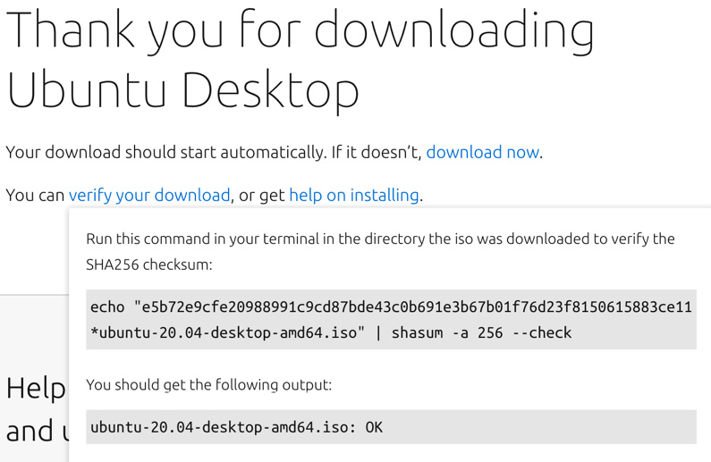 Figure 3.1 – The download page of Ubuntu Linux showing a SHA-256 checksum and instructions to verify the hash 