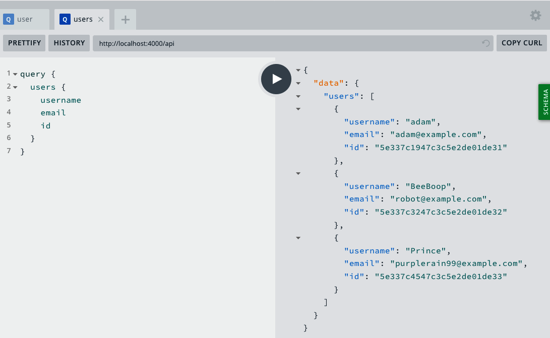 A screenshot of the users query in the GraphQL Playground