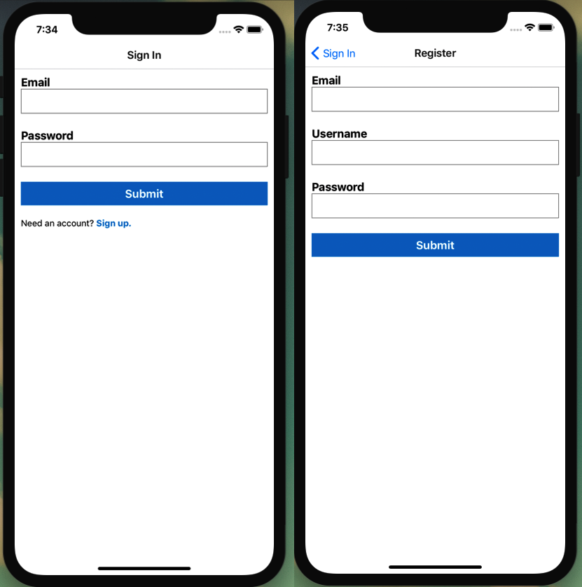 A screenshot of the completed sign in and sign up screens