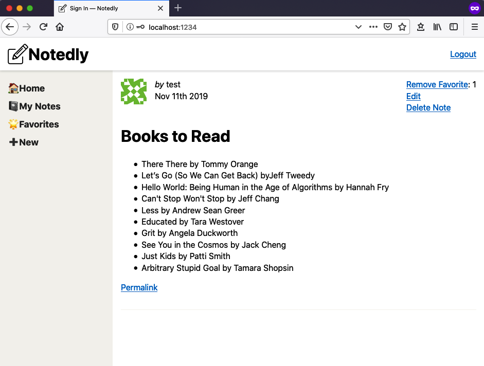 A screenshot of the application with links to create, update, read, and delete a note.