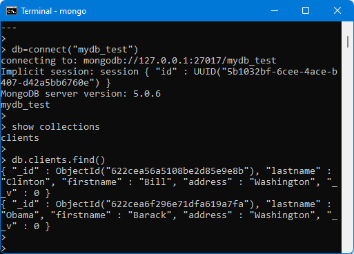 Figure 8.7 – Using the mongo utility to view documents 