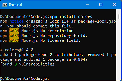 Figure 6.11 – Installing the colors module with npm 