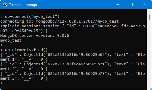 Figure 9.11 – Using the mongo utility to view the contents of the elements collection 