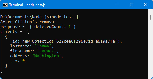 Figure 8.11 – Deleting the "Clinton" client with deleteOne() 