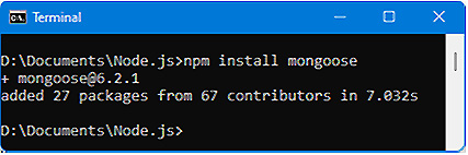 Figure 8.1 – Installing the mongoose module 