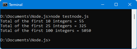 Figure 1.22 – Calculation of the sum of the first 10, then 25, then 100 integers 