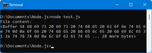 Figure 6.7 – Displaying file contents using the "fs" module 