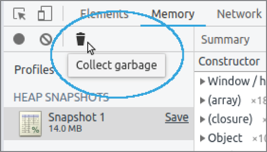 Screenshot of a Chrome page to use the Collect Garbage button to remove objects from an array.