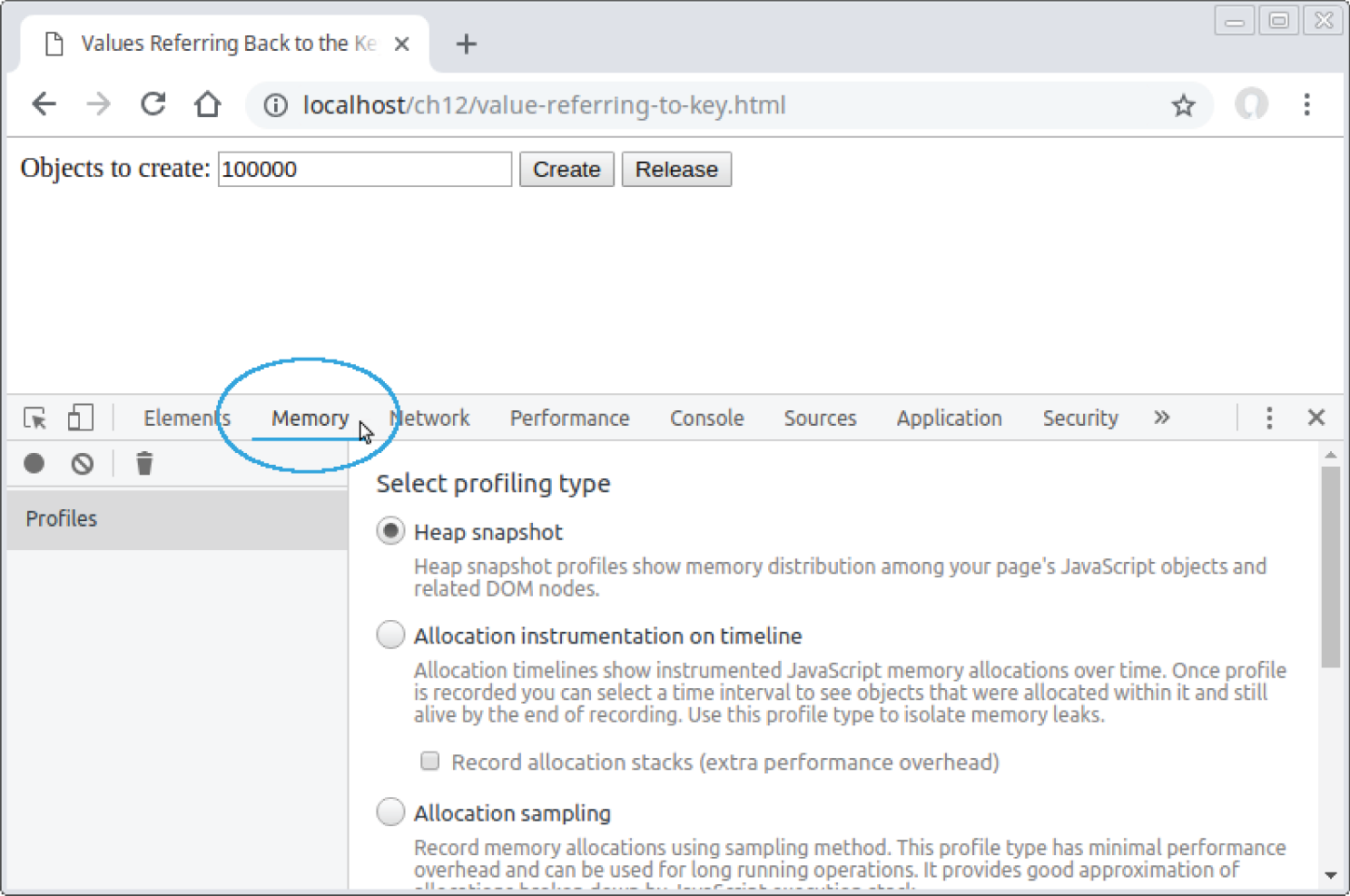 Screenshot of a Chrome page to open your browser’s developer’s tools and navigate to its Memory tab and click the Create button in the web page which creates 100,000 objects.