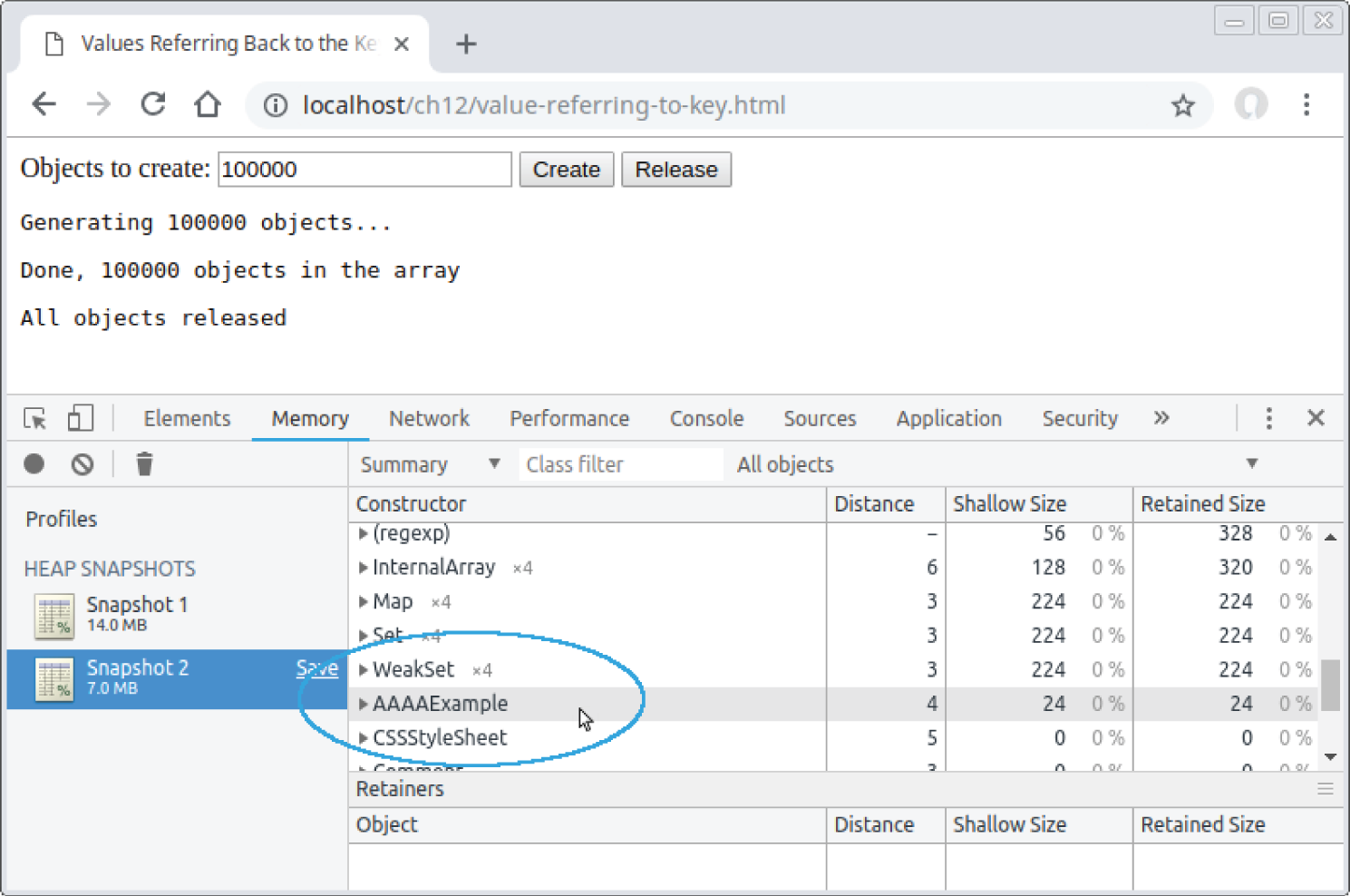 Screenshot of a Chrome page depicting the one AAAAExample listed in the Constructors pane of Snapshot 2.