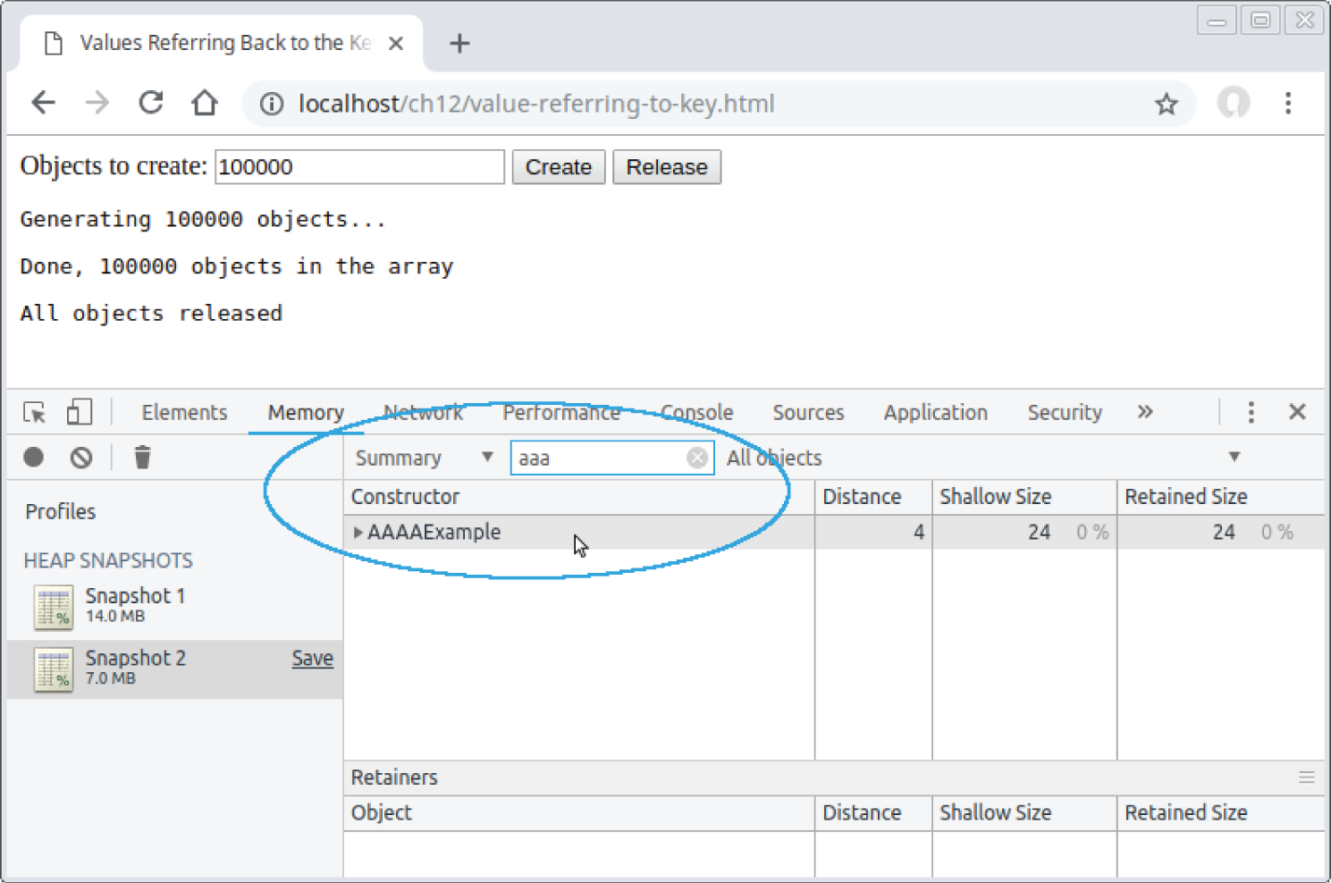 Screenshot of a Chrome page to type aaa in the Class Filter box to just show the AAAAExample row.