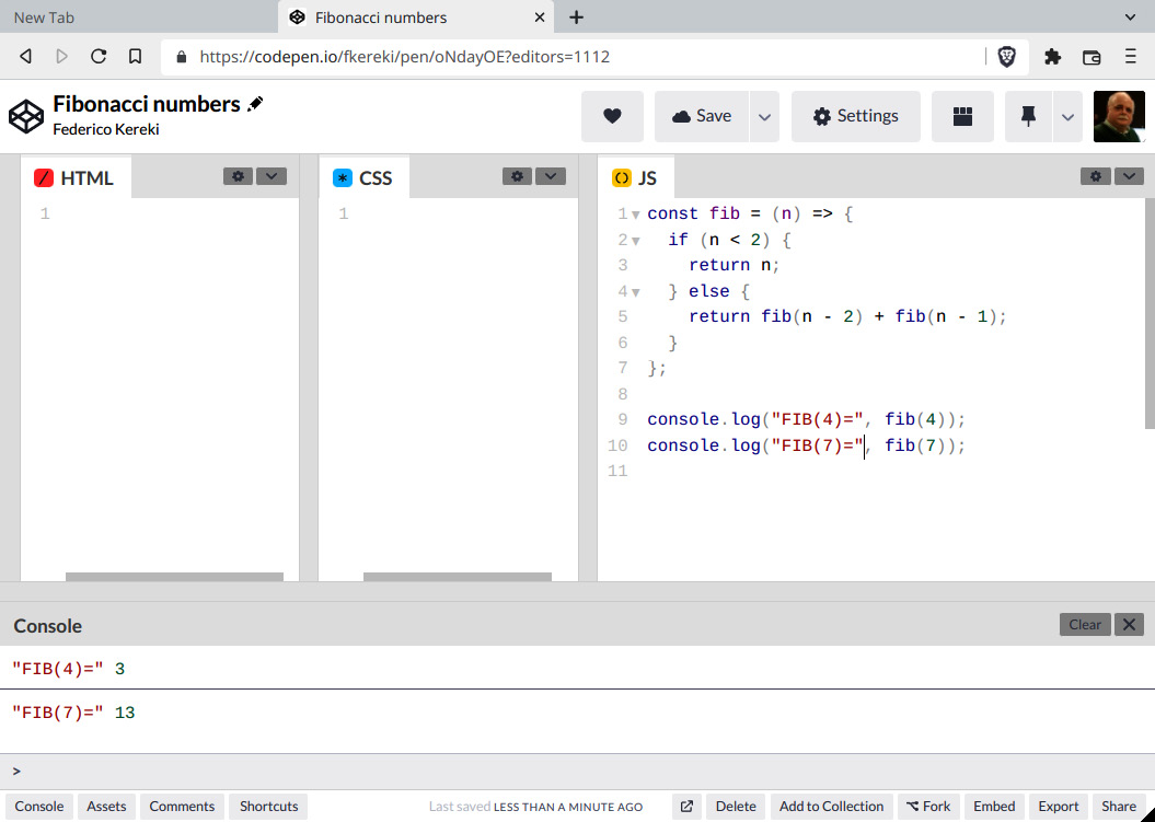 Figure 1.4 – CodePen lets you try out modern JavaScript code (plus HTML and CSS) without requiring any other tools