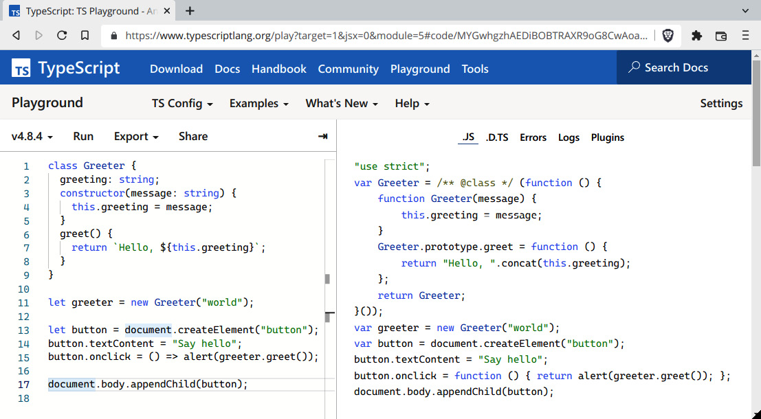 Figure 1.6 – You can check and transpile your code online, on TypeScript’s website